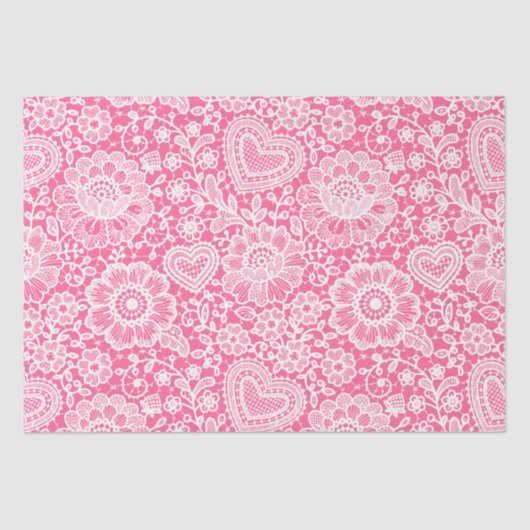 Heet Roze Wit Bloemen Kant Gift Wrap Tissue Papier (Voorkant)