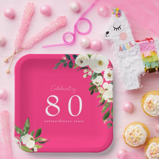 Heet roze wit bloemen verjaardag papieren bordje (Feest)