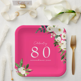 Heet roze wit bloemen verjaardag papieren bordje