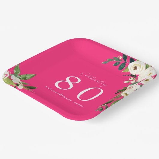 Heet roze wit bloemen verjaardag papieren bordje (Gebogen)