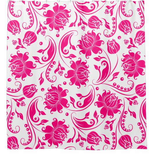 Heet roze & wit bloemendamast patroon douchegordijn (Voorkant)