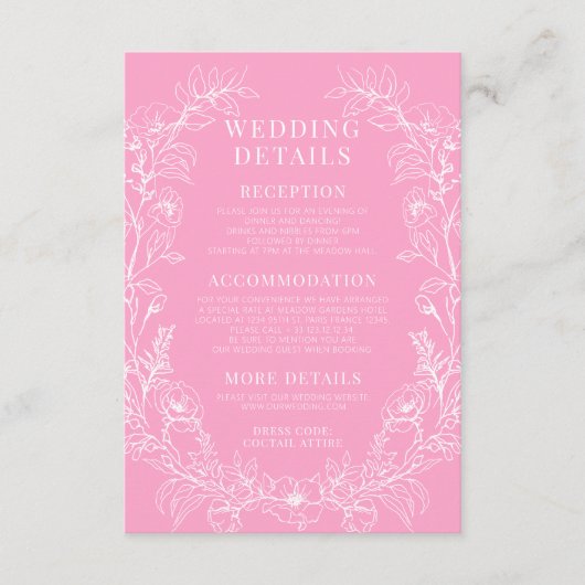 Heet roze wit bloemenkrans bruiloft details Kaart (Voorkant)