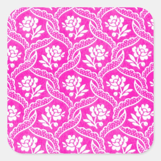 Heet roze wit  bloemetjesbehang vierkante sticker (Voorkant)