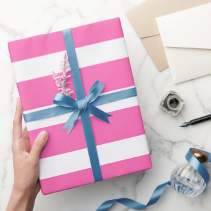 Heet Roze Wit Klassiek Horizontaal Gestreept Cadeaupapier