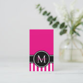 Heet Roze Wit Streeppatroon Zwart Monogram Visitekaartje (Staand voorkant)