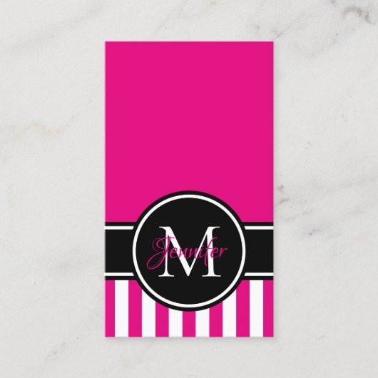 Heet Roze Wit Streeppatroon Zwart Monogram Visitekaartje (Voorkant)