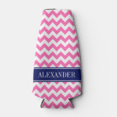 Heet Roze Witte Chevron Navy Naam Monogram Flesjeskoeler (Voorkant)