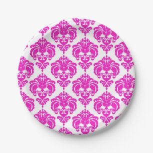 Heet Roze & Witte Damast Chic Elegante Feest Papieren Bordje