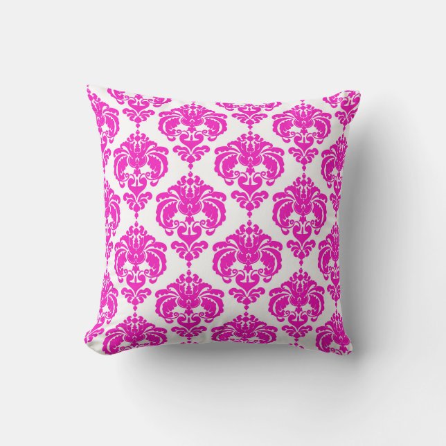 Heet Roze Witte Damast Chic Modern Elegant Patroon Kussen (Voorkant)