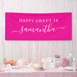 Heet roze witte gelukkige Sweet 16 elegante naam Spandoek