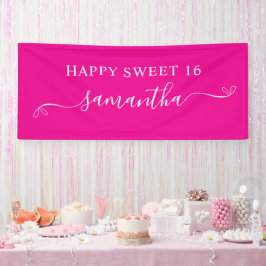 Heet Roze Witte Gelukkige Sweet 16 Mooie Boog Hand Spandoek