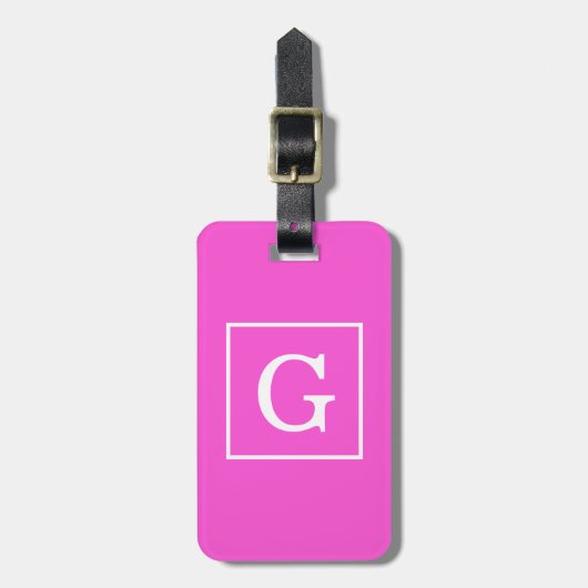 Heet Roze Witte Omlijst Initiaal Monogram Bagagelabel (Voorkant verticaal)