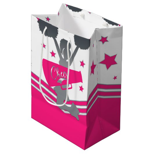 Heet roze & witte sterren Cheer Cheerleading-feest Medium Cadeauzakje (Voorkant Gekanteld)