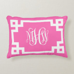 Heet Roze Witte Wingedrank Monogram Griekse Sleute Accent Kussen