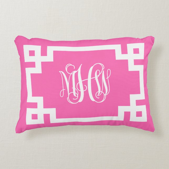 Heet Roze Witte Wingedrank Monogram Griekse Sleute Accent Kussen (Voorkant)