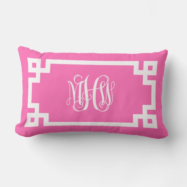 Heet Roze Witte Wingedrank Monogram Griekse Sleute Kussen (Voorkant)