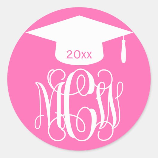 Heet Roze Wt Winged Script Monogram Afstudeercadea Ronde Sticker (Voorkant)