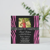 Heet Roze Zebra Foto Sweet 16 Feest Kaart (Staand voorkant)