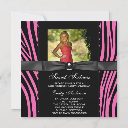 Heet Roze Zebra Foto Sweet 16 Feest Kaart (Voorkant)