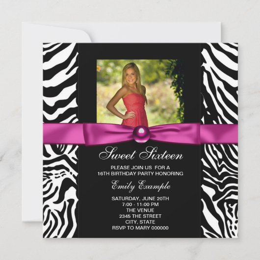 Heet roze zebra foto Sweet 16-feest Kaart (Voorkant)