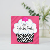 Heet Roze Zebra Meisjes Cupcake Verjaardagsfeestje Kaart (Staand voorkant)
