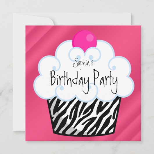 Heet Roze Zebra Meisjes Cupcake Verjaardagsfeestje Kaart (Voorkant)