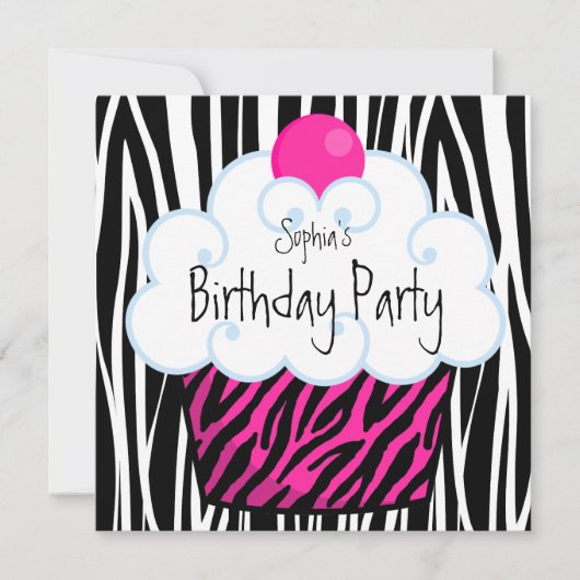 Heet Roze Zebra Meisjes Cupcake Verjaardagsfeestje Kaart (Voorkant)