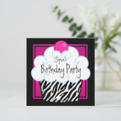 Heet Roze Zebra Meisjes Cupcake Verjaardagsfeestje Kaart (Staand voorkant)