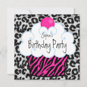 Heet Roze Zebra Meisjes Cupcake Verjaardagsfeestje Kaart