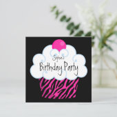 Heet Roze Zebra Meisjes Cupcake Verjaardagsfeestje Kaart (Staand voorkant)