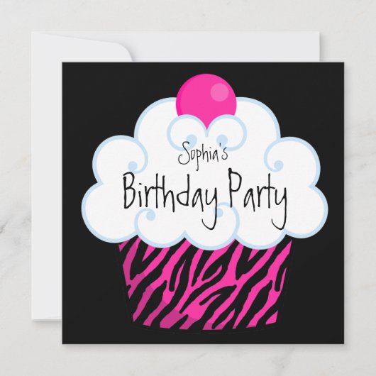 Heet Roze Zebra Meisjes Cupcake Verjaardagsfeestje Kaart (Voorkant)