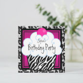 Heet Roze Zebra Meisjes Cupcake Verjaardagsfeestje Kaart (Staand voorkant)