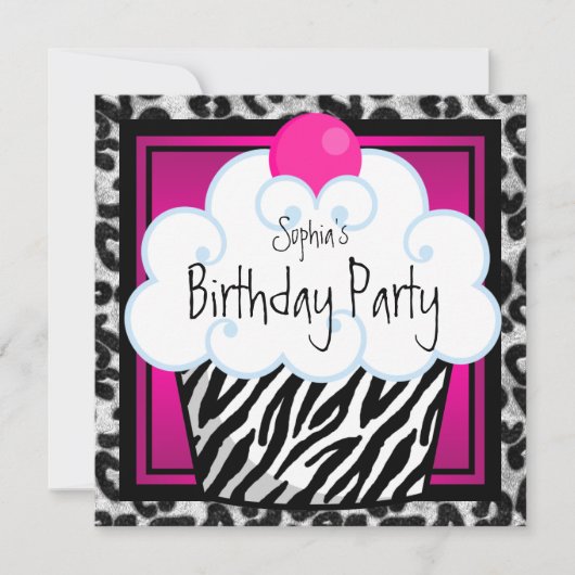 Heet Roze Zebra Meisjes Cupcake Verjaardagsfeestje Kaart (Voorkant)
