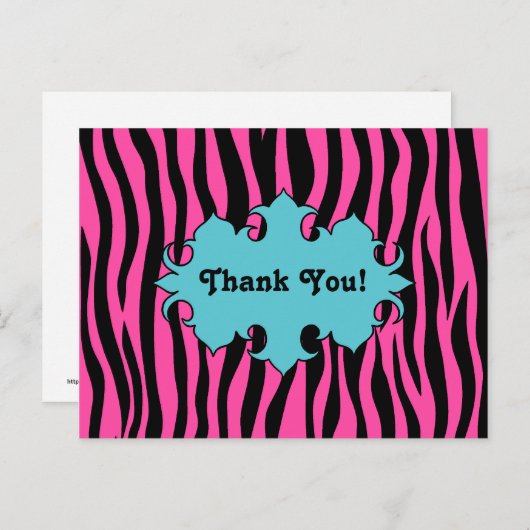 Heet roze zebra print met blauwe banner dank u briefkaart (Voorkant / Achterkant)