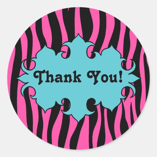 Heet roze zebra print met blauwe banner dank u ronde sticker (Voorkant)