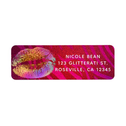 Heet Roze Zebra Regenboog Gouden Glitter Lippen Fe Etiket (Voorkant)