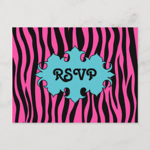 Heet roze zebraprint met blauwe banner bruiloft RS Uitnodiging Briefkaart