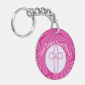 Heet roze zigzagkruis wit en helder roze sleutelhanger (Voorkant Links)