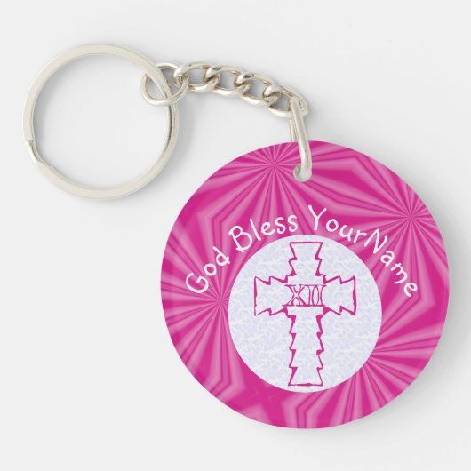 Heet roze zigzagkruis wit en helder roze sleutelhanger (Voorkant)