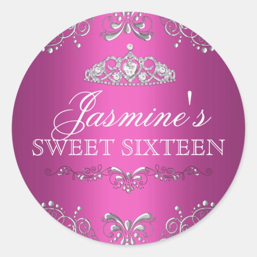 Heet Roze Zilver Damast & Tiara Sweet 16 Sticker (Voorkant)