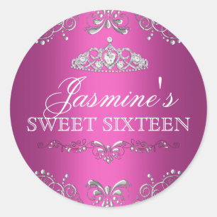 Heet Roze Zilver Damast & Tiara Sweet 16 Sticker