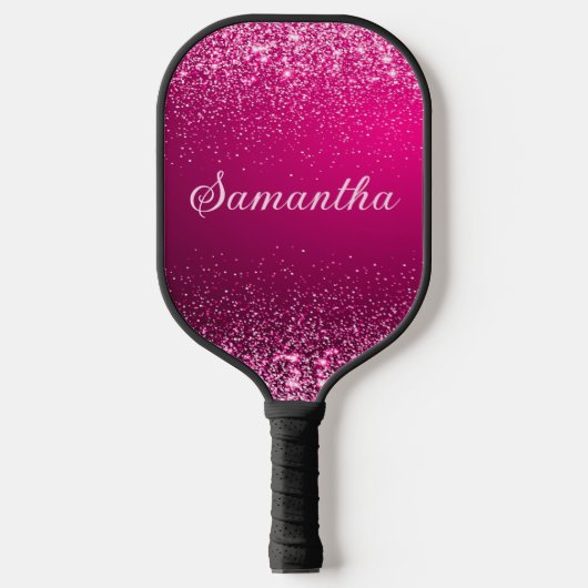 Heet Roze Zilver Glitter Naam Script Pickleball Paddle (Voorkant)