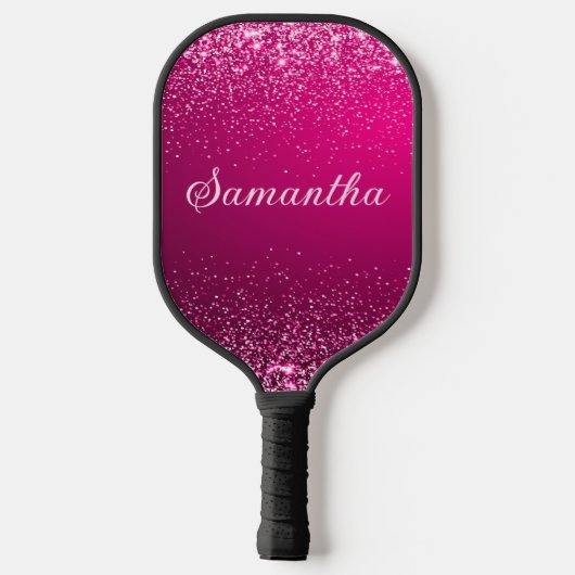 Heet Roze Zilver Glitter Naam Script Pickleball Paddle (Achterkant)