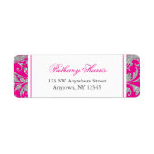 Heet Roze Zilver Glitter Swirl Damask Etiket (Voorkant)