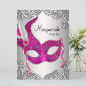 Heet roze zilveren masker masqueradebal feest kaart (Staand voorkant)