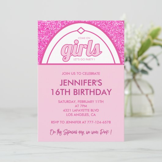 Heet roze zoet 16 uitnodigingen Evite Glitter Roze (Staand voorkant)