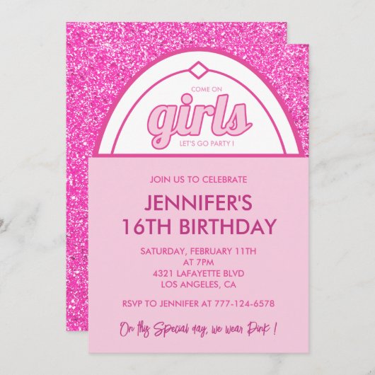 Heet roze zoet 16 uitnodigingen Evite Glitter Roze (Voorkant / Achterkant)