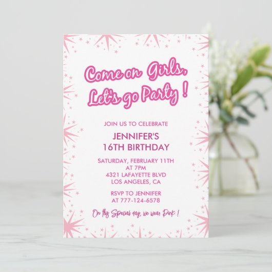 Heet roze zoet 16 uitnodigingen Glow Girly Stars (Staand voorkant)