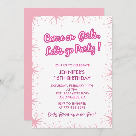 Heet roze zoet 16 uitnodigingen Glow Girly Stars (Voorkant / Achterkant)