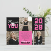 Heet Roze & Zwart 3 Foto Afstuderen Dank u Kaart (Staand voorkant)